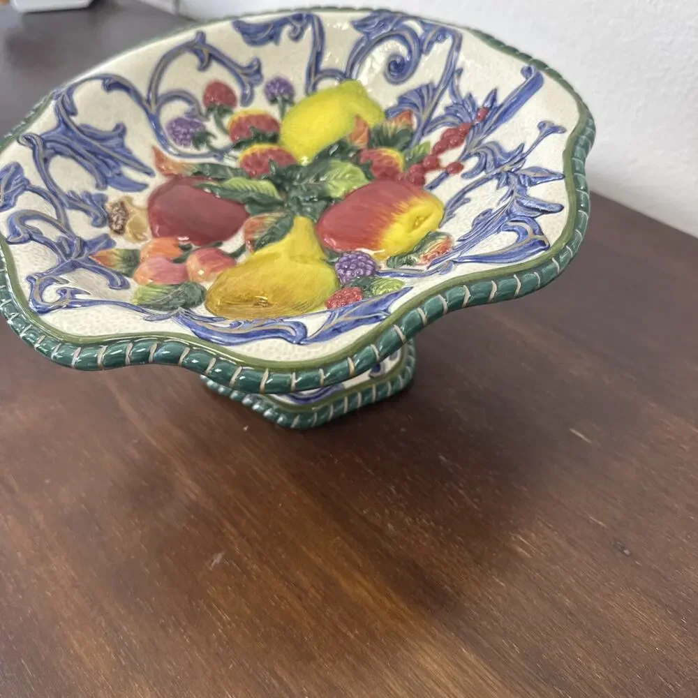 Vintage Fitz and Floyd Florentine Fruit Pedestal Compote Bowl Dish Majolica